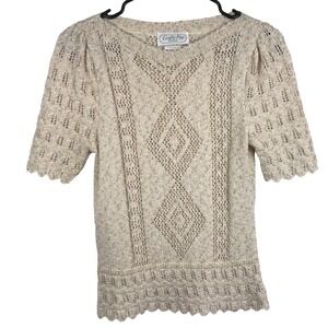 Cottagecore Women's Beige Knit Sweater Short Sleeve Pullover Top